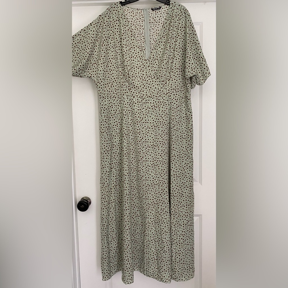 Midi Faux Wrap Dress Dolman SS Mint Green With Brown Ditsy Hearts Size 4X